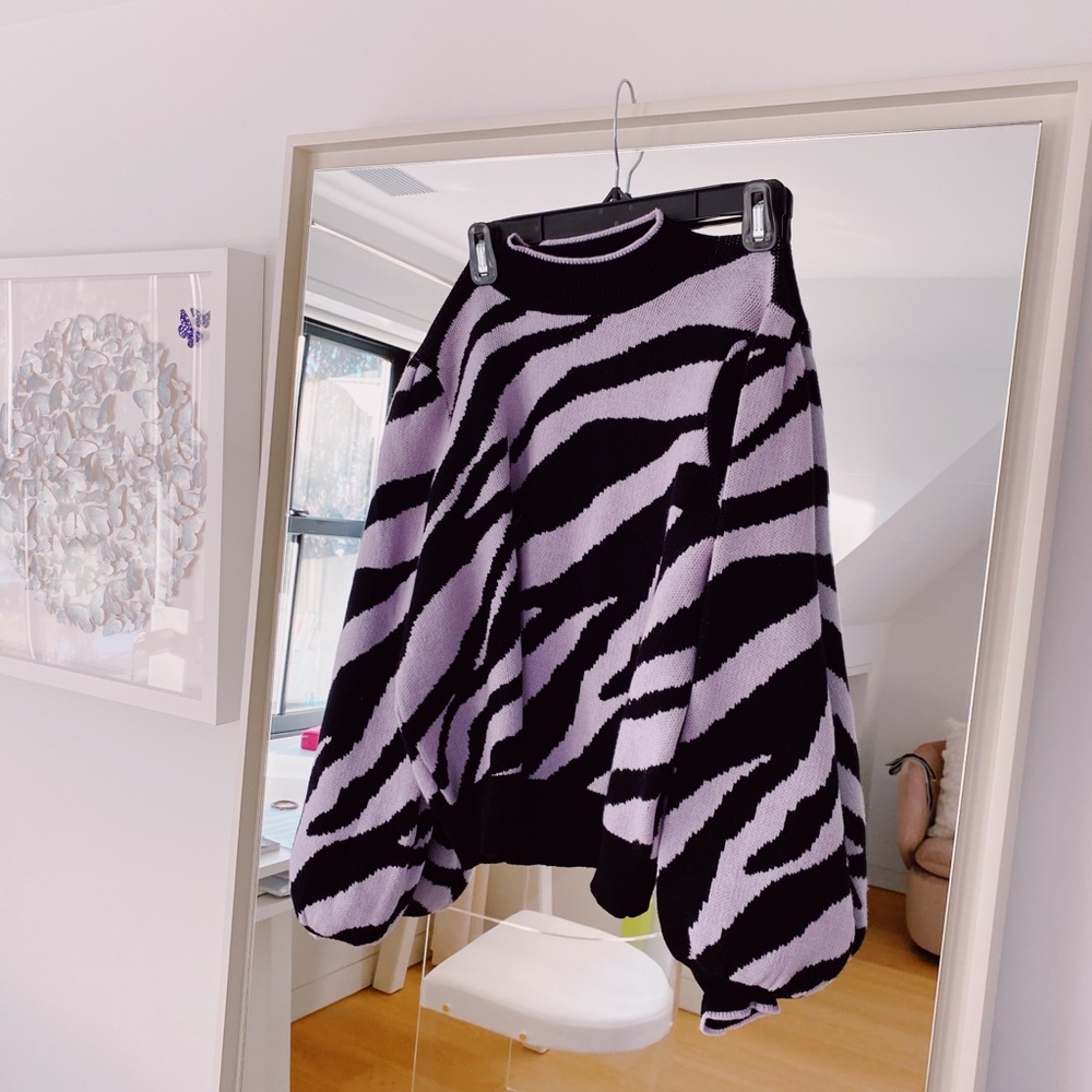 zebra print light purple and black sweater